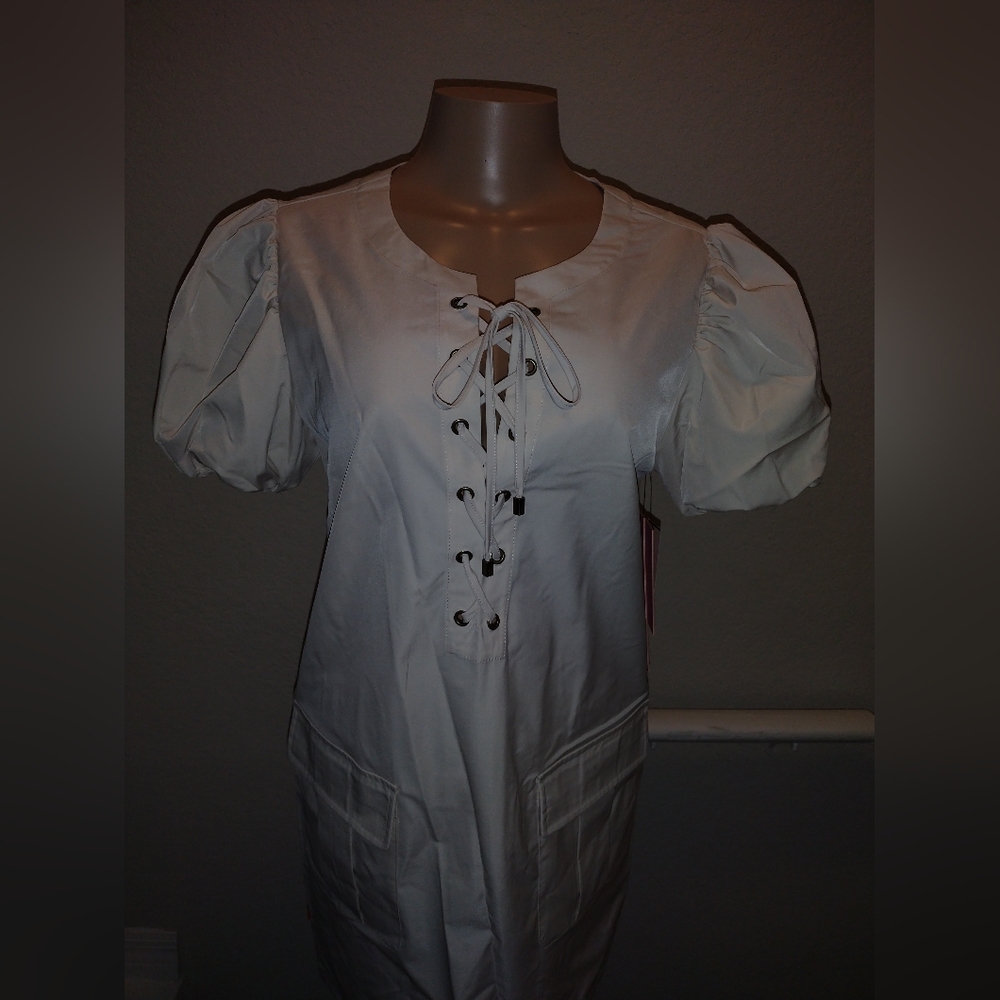 LDT Lace Up Split Round Neck Short Puff Sleeve Mini Dress - Picture 12 of 12